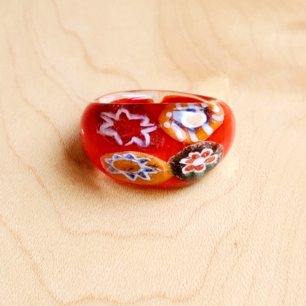 Boho Resin Dome Shape Ring with Floral Design